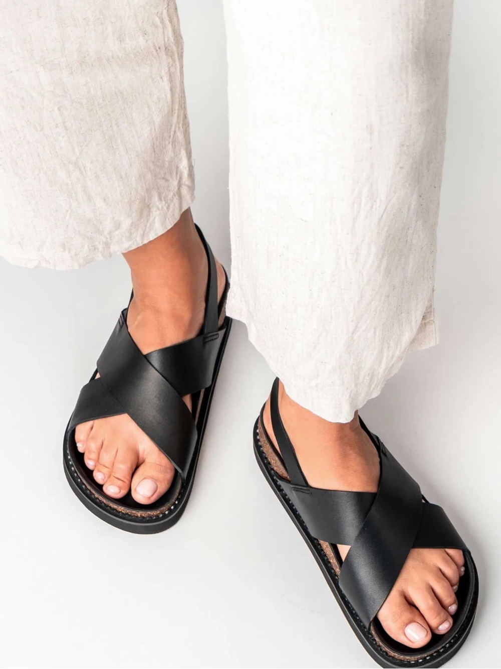 Liberte Black Women's Leather Cross-Strap Sandals